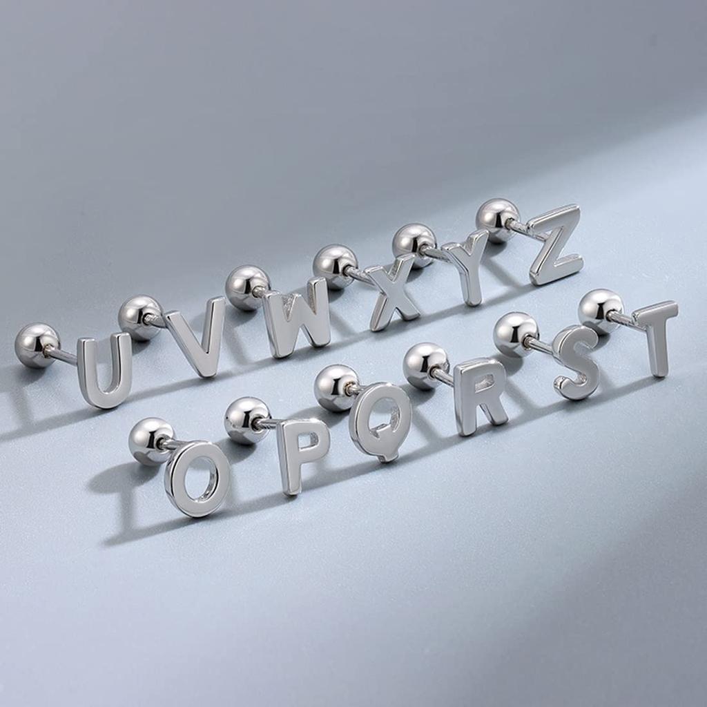 Rockyu Earrings for Pure Silver 1 Pair Alphabet 925 Women, Popular, Hypoallergenic, Initial, Earrings, Earrings, Silver, Simple, Screw-on (A,Silver)