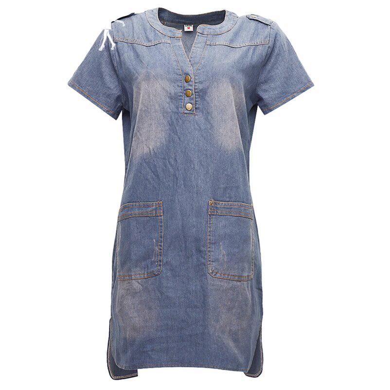 

QICED Джинсовое платье с короткими рукавами, женская юбка трапециевидного размера больших размеров XXXXXL baby голубой