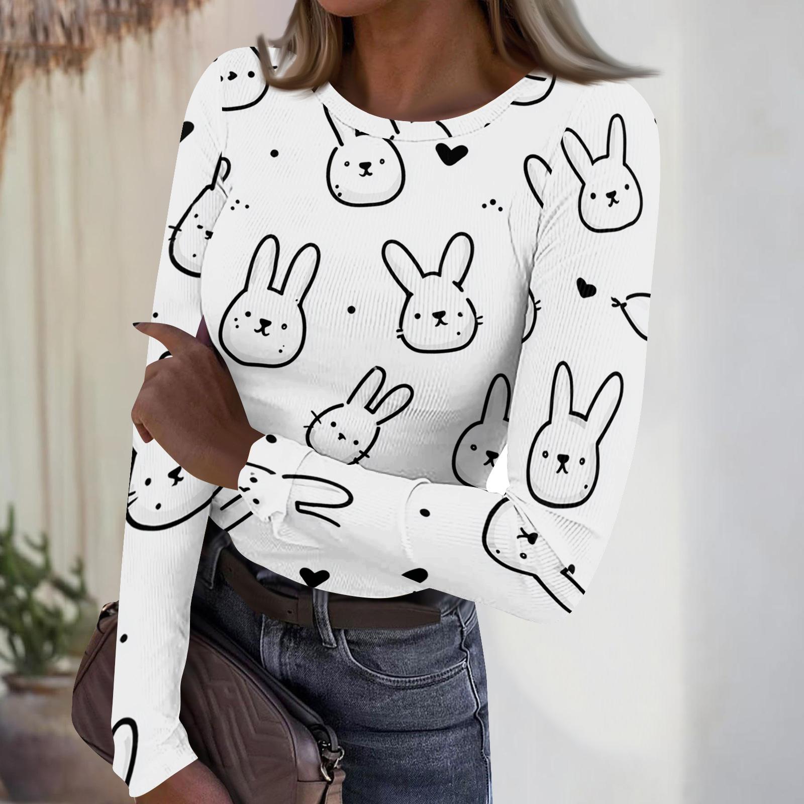

Women s Casual Fashion Round Neck Easter Print Long Sleeve Ribbed Top XL білий