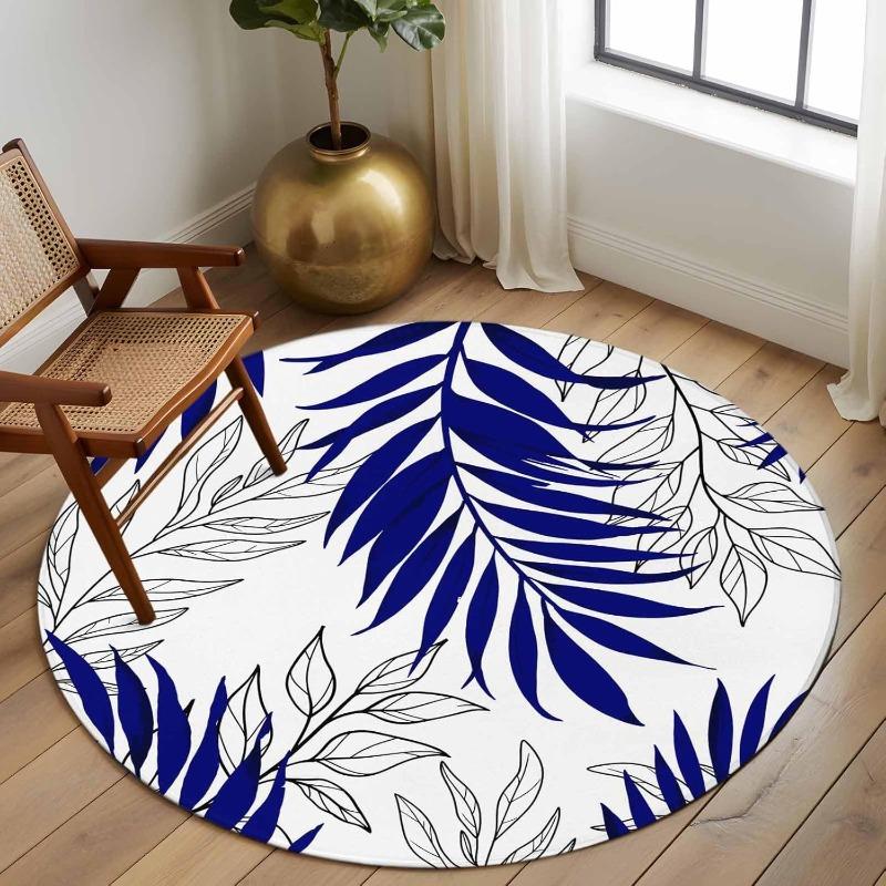 Nordic Leaf Print Round Rug Tropical Palm Leaf Modern Home Decor Non-Slip Carpet Minimalist Geometric Line Living Room Decor Mat