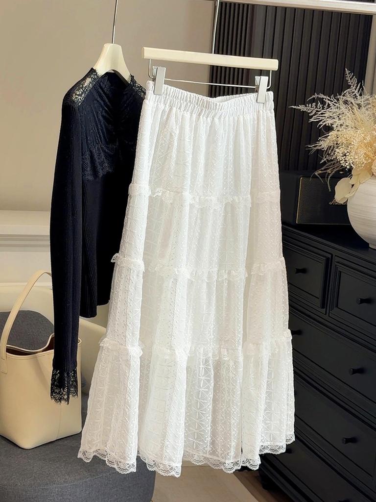 Lace Crochet Patchwork A-line Skirt: 2026 Spring Collection - High Waist Slimming Umbrella Design for Women