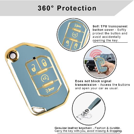QBUC For Jeep Key Fob Cover With Keychain Flip Key Case For 2018 Jeep Wrangler Gladiator JLU JL Rubicon JT (Blue)