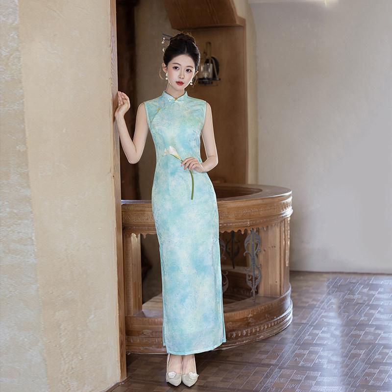 Green sleeveless national style new Chinese daily Suzhou long cheongsam improved young 1011 new women's high sense