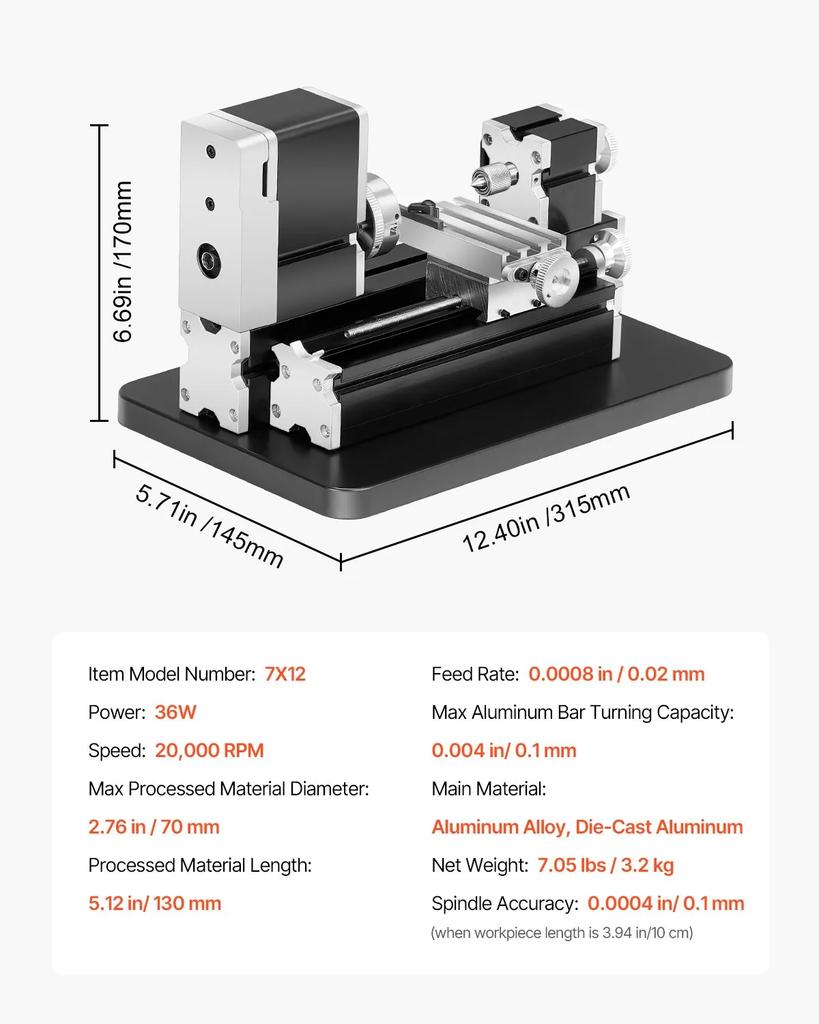 VEVOR Didaktische Mini-Metall-Drehmaschine, 70 x 130 mm(2,76 x 5,12 Zoll), 36W Metall-Drehmaschine, 20.000 U/min Drehzahl, mit 3-Backen-Futter