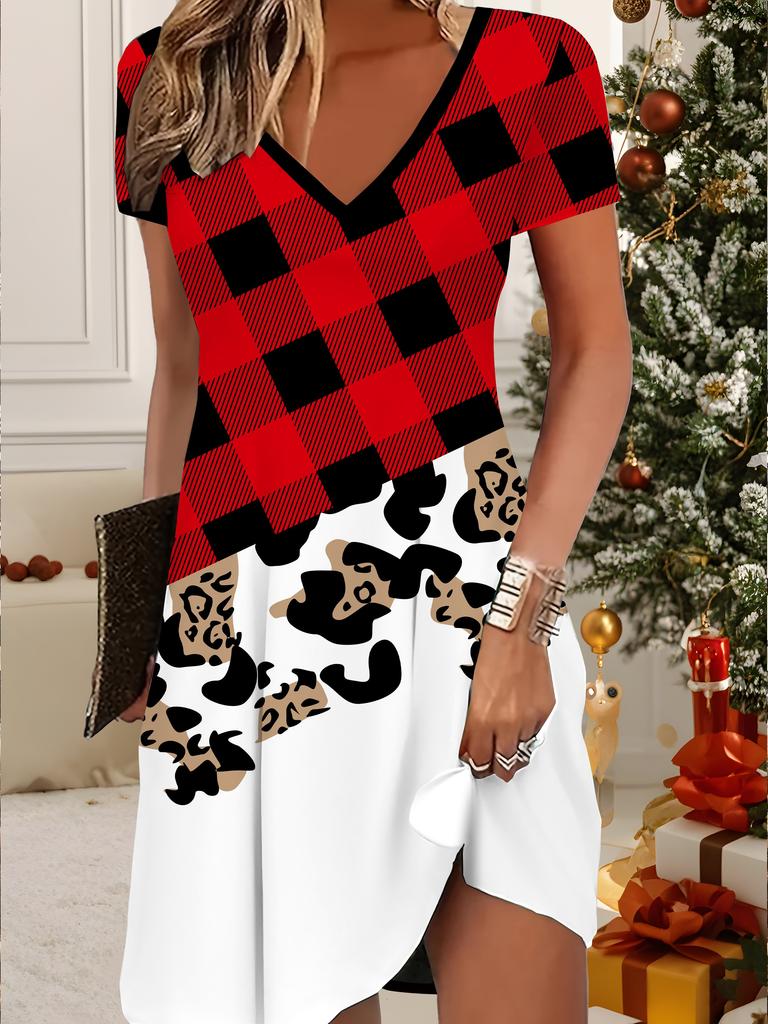 Mode Damen V-Ausschnitt Kurzarm Weihnachten Schneemann Bedrucktes Kleid Sexy Kurzer Rock Kleider