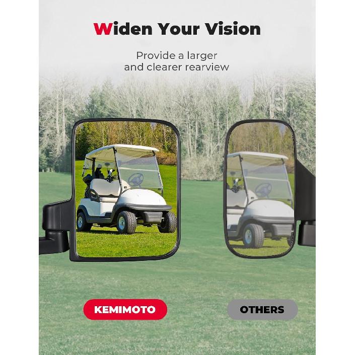 KEMIMOTO No Drilling Golf Cart Side Mirrors, Universal Rear View Mirror for 0.75"-1.25" Square Rail, Folding Design Compatible with EZGO, Club Car,
