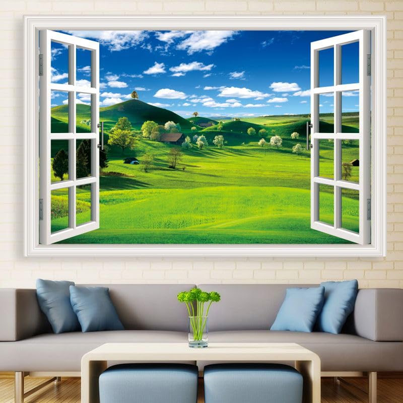 3D Window Frame Spring Landscape Wallpaper Stylish Nordic Blue White Natural Fake Window Window Waterproof Wall Decor for Living Protects Sticker,