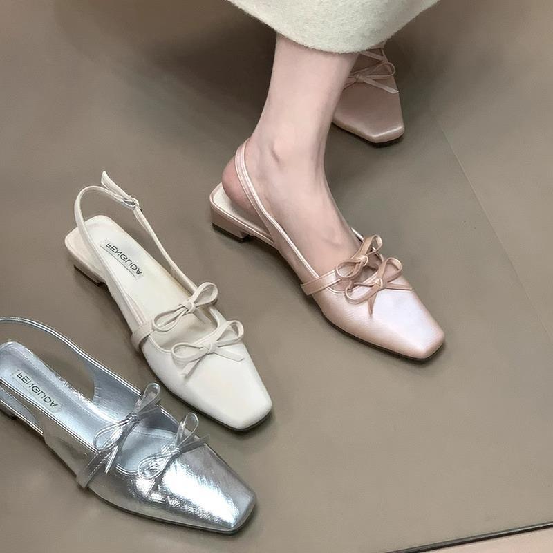 Bow back strap bag head sandals women's summer new high-end silver temperament single shoes