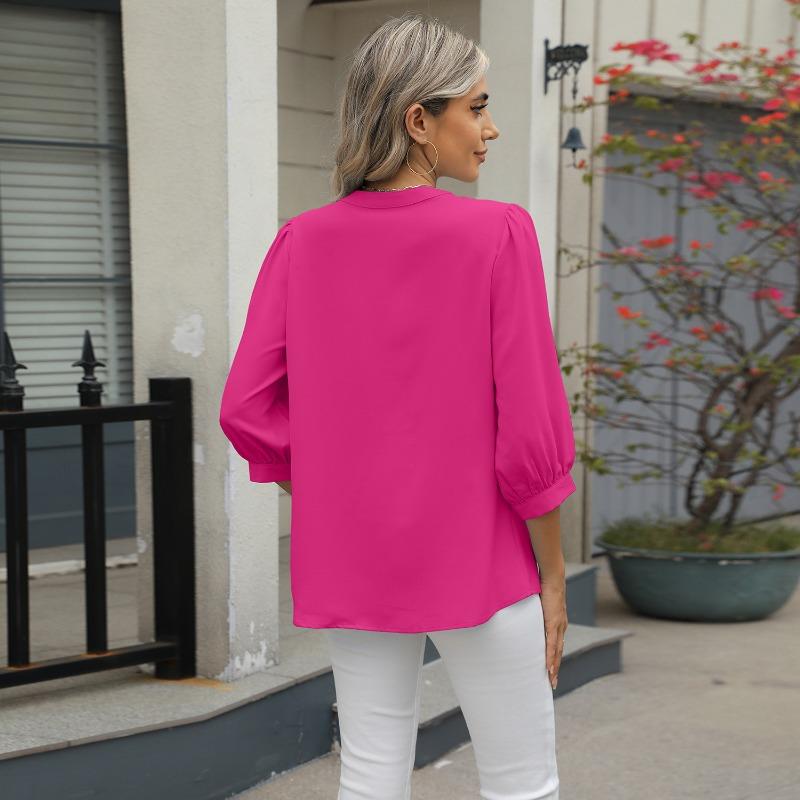 Women's Spring and Summer New Lock Hole V-neck Seven-minute Sleeve Loose Chiffon Shirt Tops