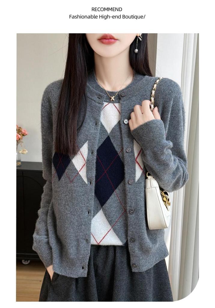 Autumn/Winter 100% Wool Diamond Jacquard College Style Cardigan for Women
