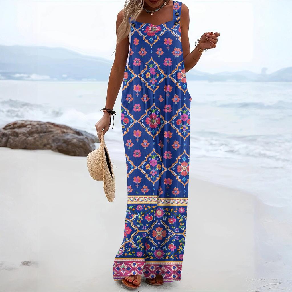 Tuta da Donna Pantaloni Moda Casual Tasche Laterali Stampa Floreale Tuta