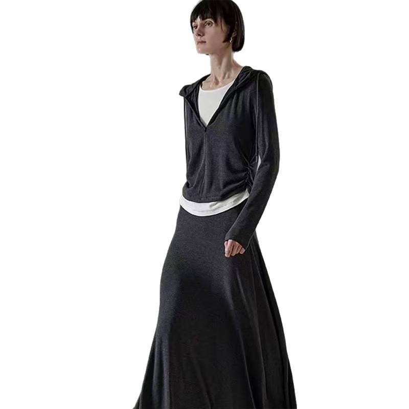 2025 Frühherbst Damen Koreanische Mode Zweiteiler: Colorblock Hoodie Sweatshirt und Midirock