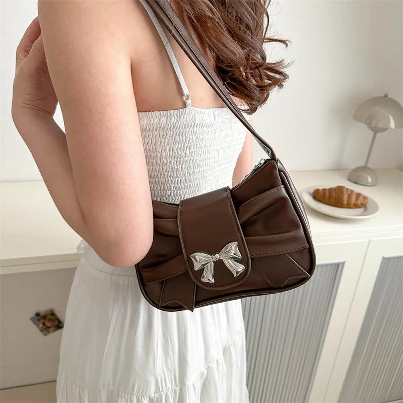 Sweet Bowknot Women’s Underarm Bags Portable PU Leather Ladies Small Tote Shoulder Bag Solid Color Pleated Female Purse Handbag