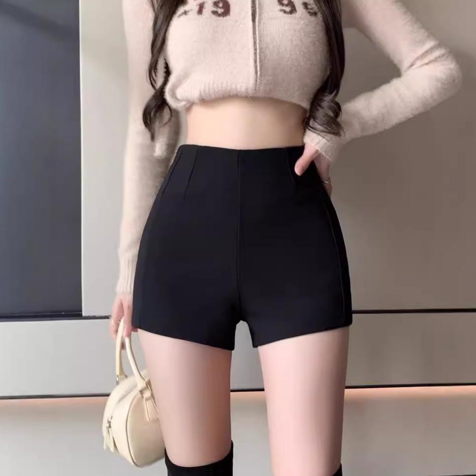 Women's Black High-Waisted A-Line Bootcut Shorts - Sexy, Hip-Lifting, Side Zipper for Spring & Autumn 2024
