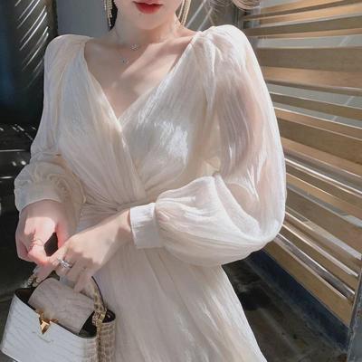 2024 French Style Puff Sleeve White Dress - Elegant Slim Fairy Princess Design