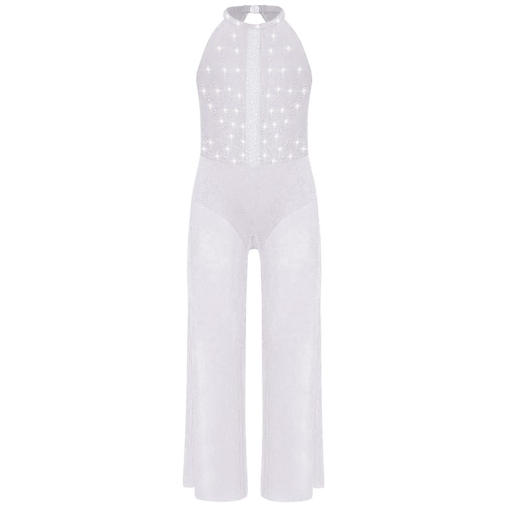 Mädchen Strass Glitzernder Body Ärmellos Schlüsselloch Rücken Tanz Jumpsuit