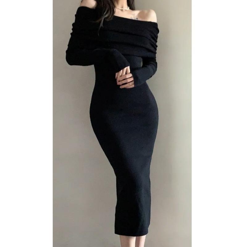 

Spring new black sexy one-word shoulder knitted niche slim-fit hip-wrapped high-end dress S чёрный