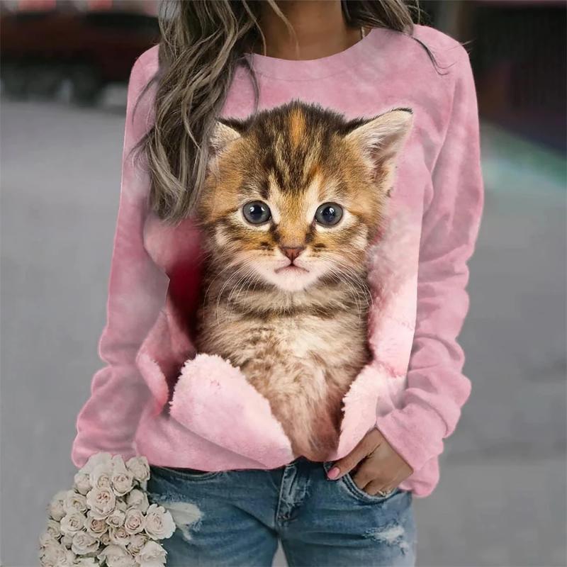 

Женская футболка Kawaii Cat с 3D принтом, повседневные футболки с длинными рукавами, свитер в стиле Харадзюку, одежда, повседневная блузка, женские свободные топы S