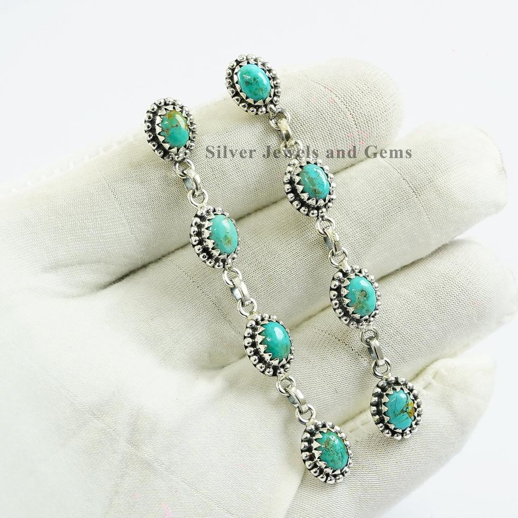Natural Turquoise Earrings, Kingman Turquoise Earrings, 925 Sterling Silver Earrings, Gift for Her, Multi Stone Earring, Long Earrings