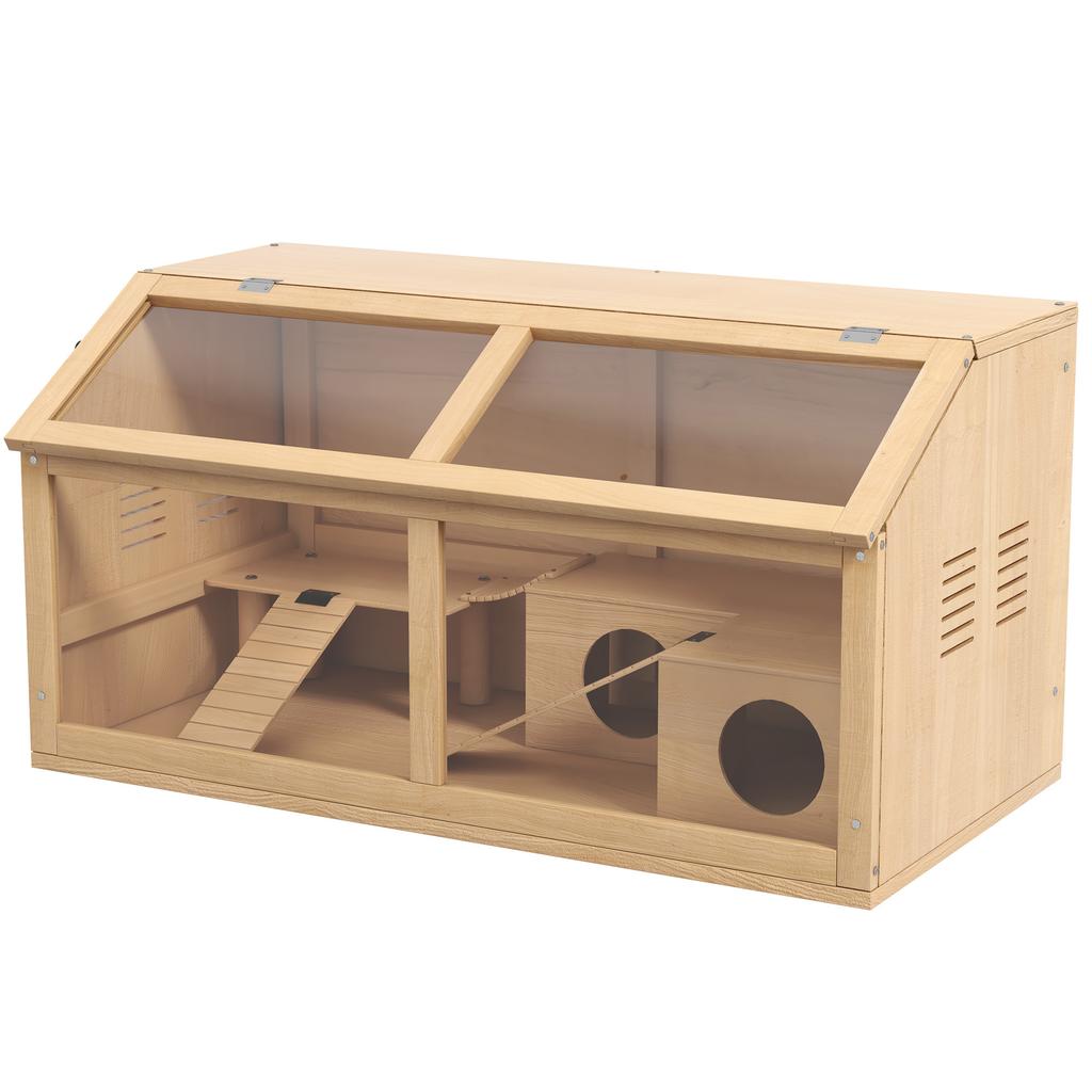 Hamster Cage, Wooden Small Animal Cage for Gerbils, Mice W/ Suspension Bridge, Openable Top, Hut, 85 X 45 X 44cm Nature