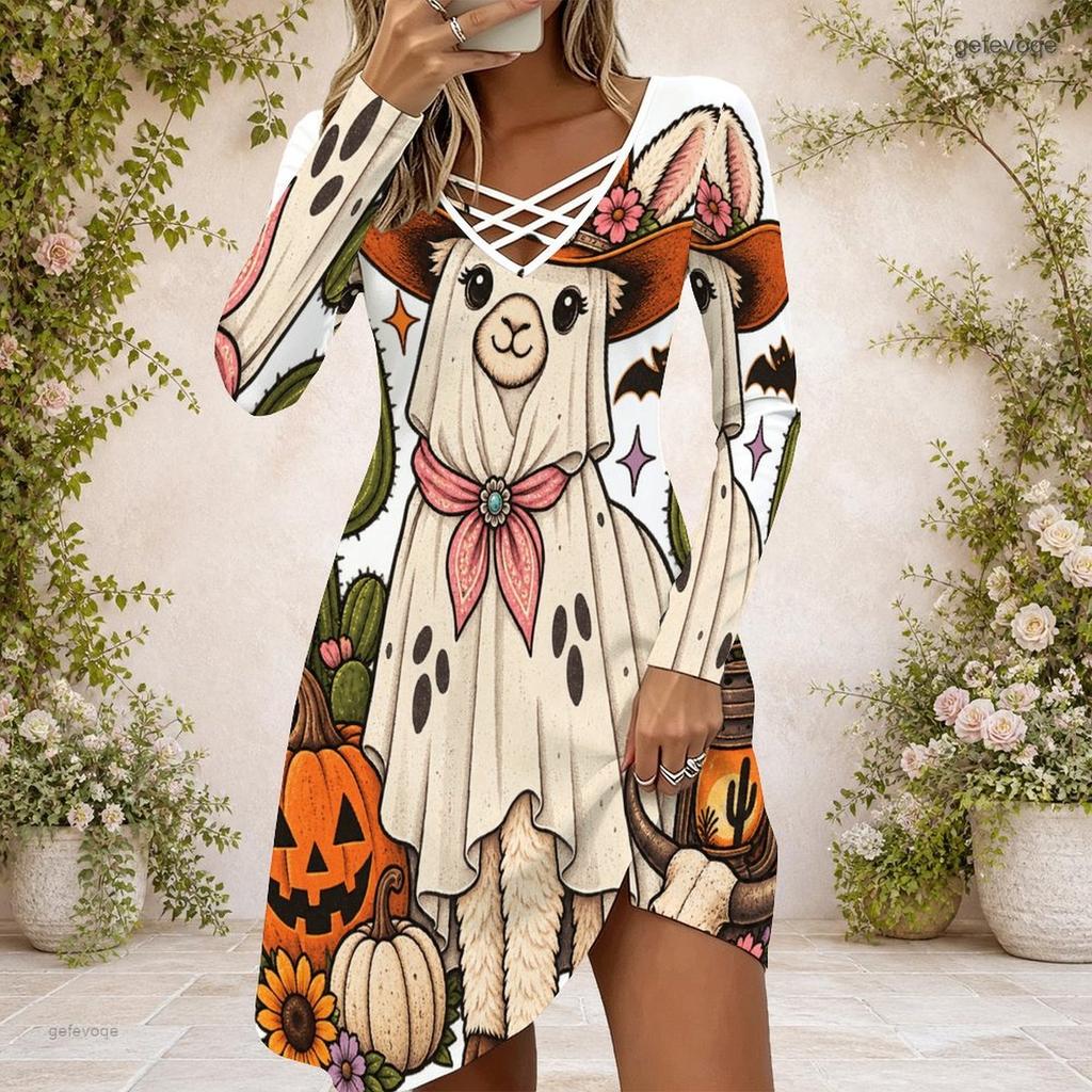 Women Multicolor Printed Criss Cross V Neck Long Sleeve Fitted Curved Hem Dress