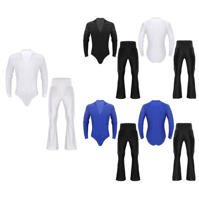 Mens Latin Dance Costume V Neck Stand Collar Rhinestone Leotard with Tassel Flared Pants for Ballroom