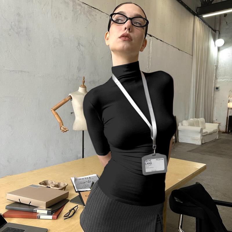 Y25TP032 Women's Solid Color High Neck Short Sleeve Bodycon T-Shirt for Spring/Summer