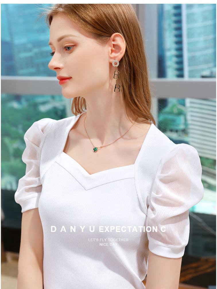 

Женская летняя футболка из ледяного шелка с пышными рукавами - стиль французского двора S белый