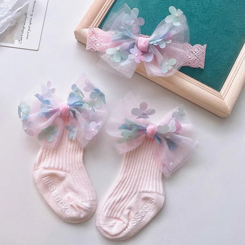 

2Pcs Baby Bow Headband & Socks Set Toddler Girls Lace Print Elastic Hairband Turban Soft Solid Color Sock Kids Fashion Access 0-2 Years
