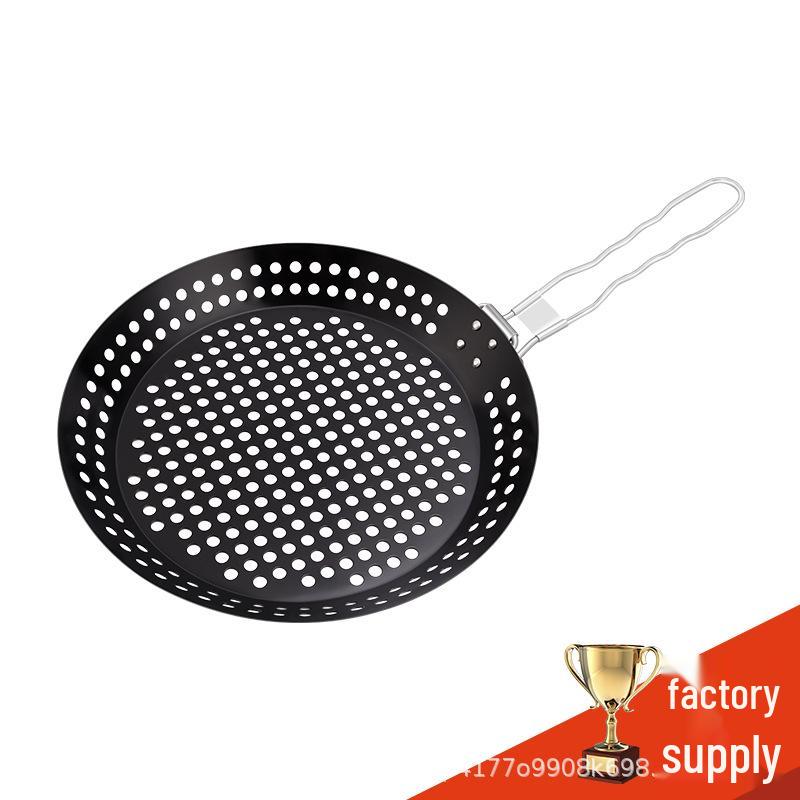 Round Hollow Wooden Handle BBQ Grill Pan for Outdoor Vegetables and Meat