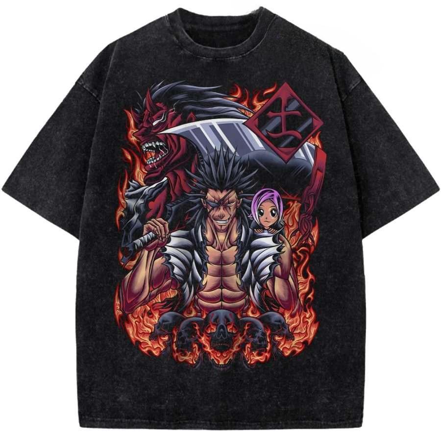 Zaraki Kenpachi BLEACH Anime Clothing Men Women Oversized T-shirts Short Sleeve Washed T Shirt Retro Cotton Tshirt Harajuku Tops S чёрный