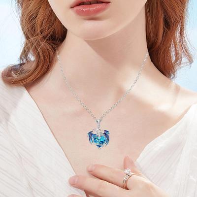 Love Birthstone Dragon Necklace Heart-Shaped Colorful Pendant Necklace Cool Crystal Dragon Necklace Jewelry Gift