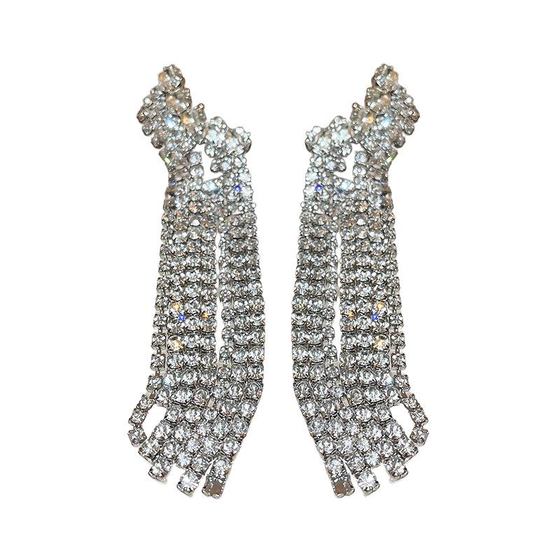 Exaggerated Diamond Tassel Silver Earrings - European & American Luxury High-End Fashion for Women