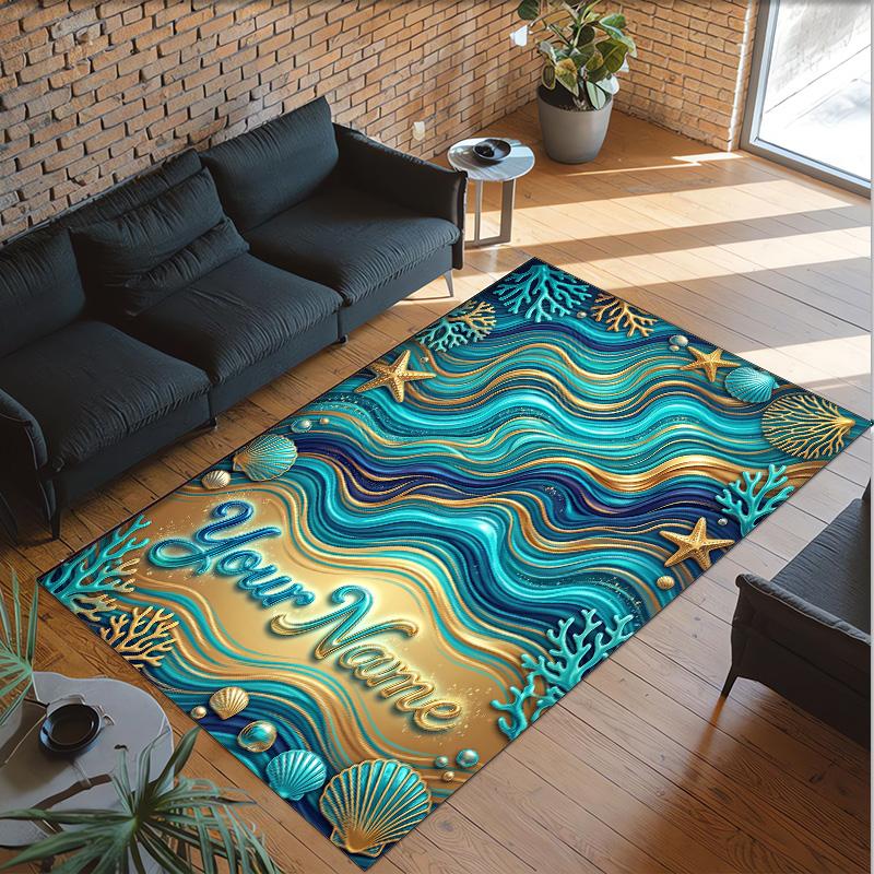 Mermaid Underwater Theme Crystal Velvet Rug Personalized Custom Name Text Soft Floor Mat Home Decor