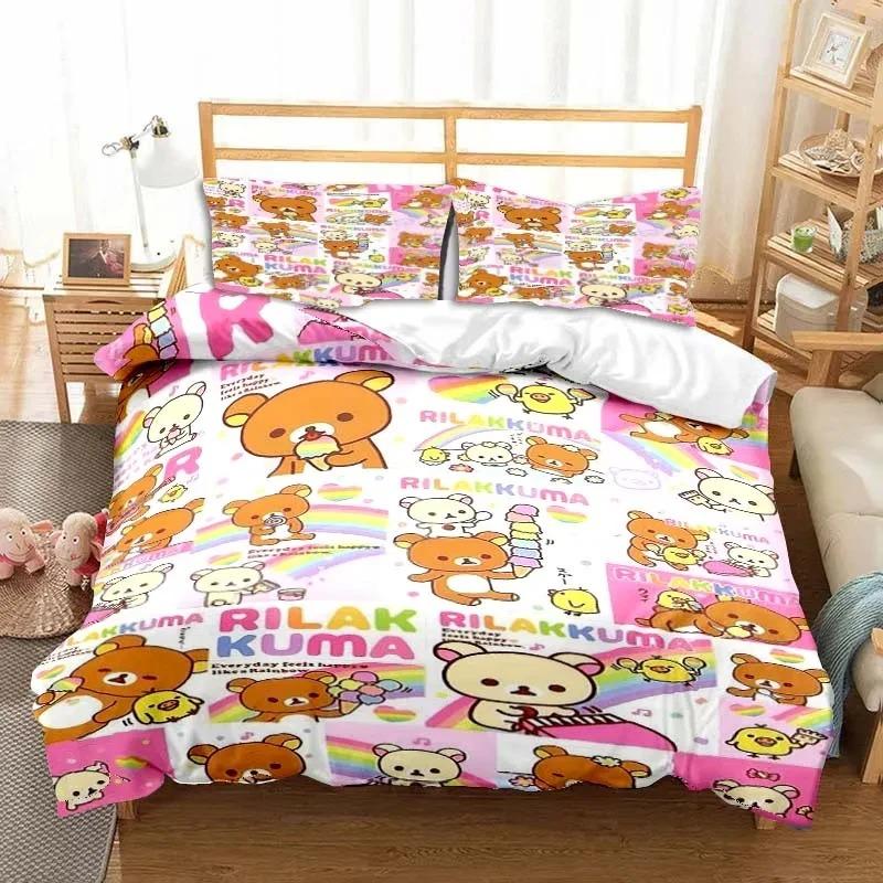 3dCartoon Rilakkuma Ayı Yatak Takımı Yorgan Kılıfı Yatak Takımı Yorgan Kılıfı Yastık Kılıfı Yorgan King Queen Boy Erkek Çocuk Yetişkin Yatak Takımı