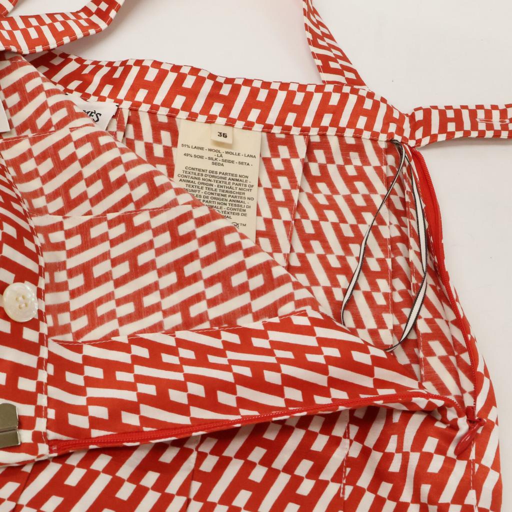 HERMES Authentic domestic product: RE EDITION1973 5H0399DQ Wool Silk H-pattern Belted Tuck Flare skirt 36 Red x whiteUsed