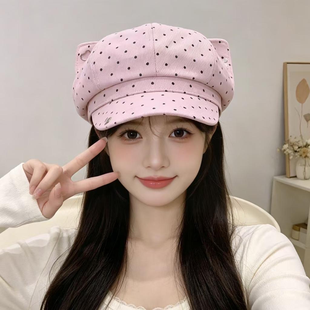 Retro polka dot cat-ear soft and cute duckbill cap for women, autumn and winter sunshade newsboy cap, trendy and face-slimming octagonal hat