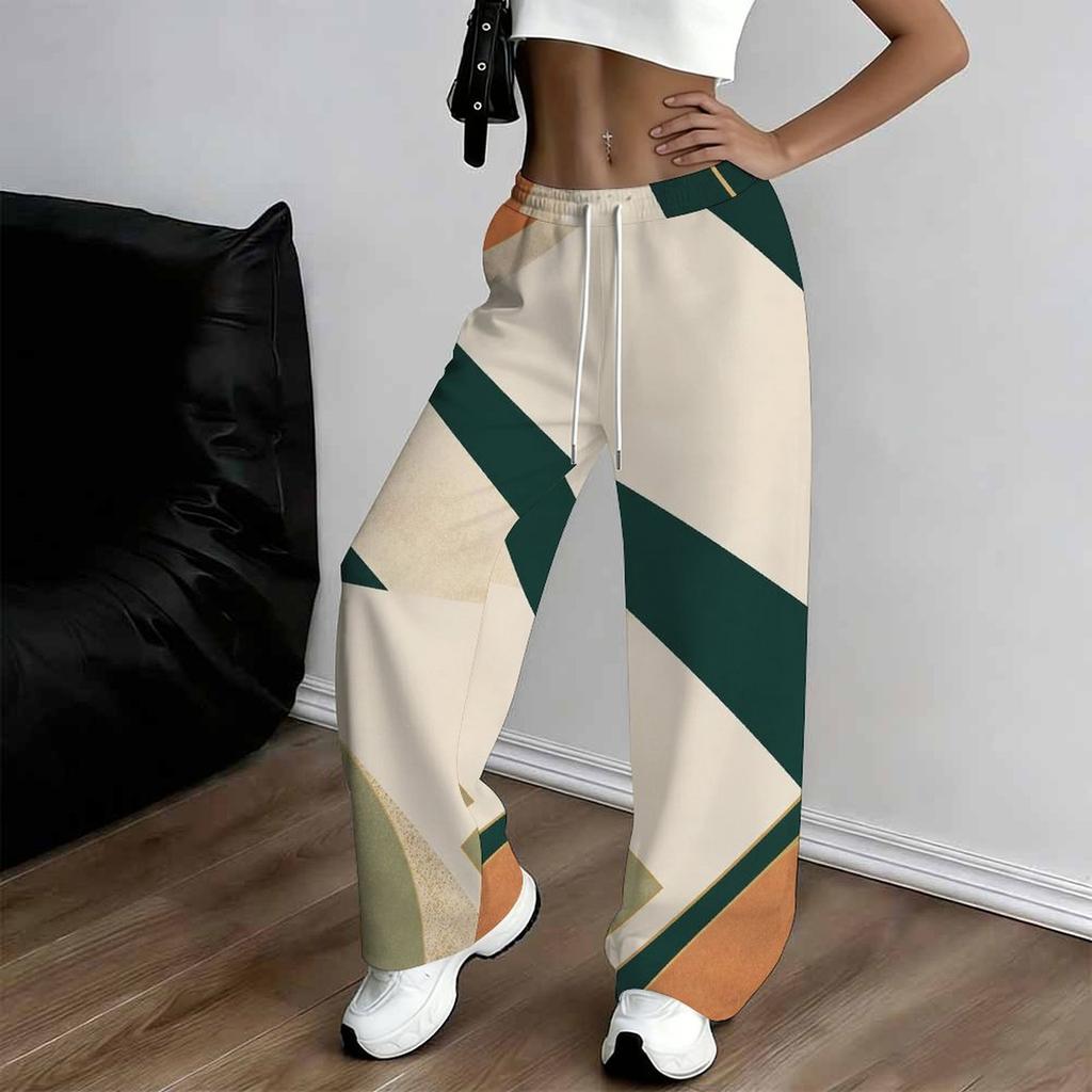 Women Plus Size Beige Abstract Printed Drawstring Loose Straight Leg Full Length Pants