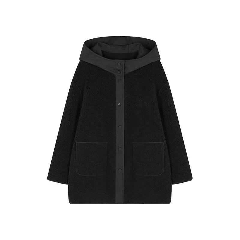 MOHANIMEI Korean Style Faux Lamb Wool Patchwork Hooded Jacket
