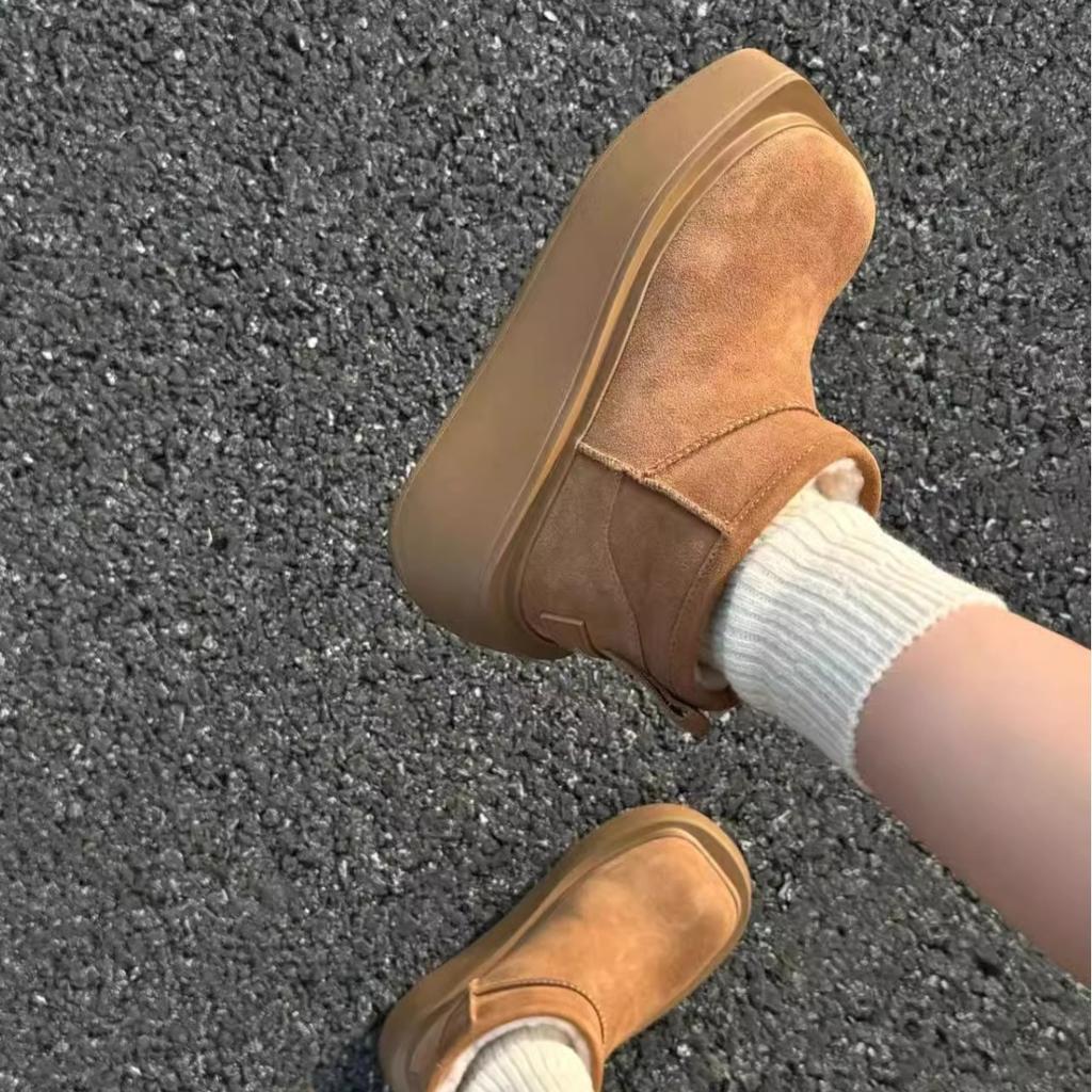 Soft leather version~ square round head warm and heightened snow boots for women's 2024 autumn and winter new thick-soled plush short boots ins