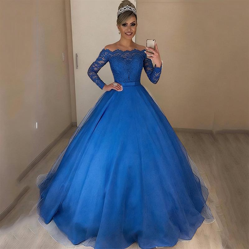 Elegant One-Shoulder V-Neck Slim European & American Wedding Dress with Fluffy Lace Train