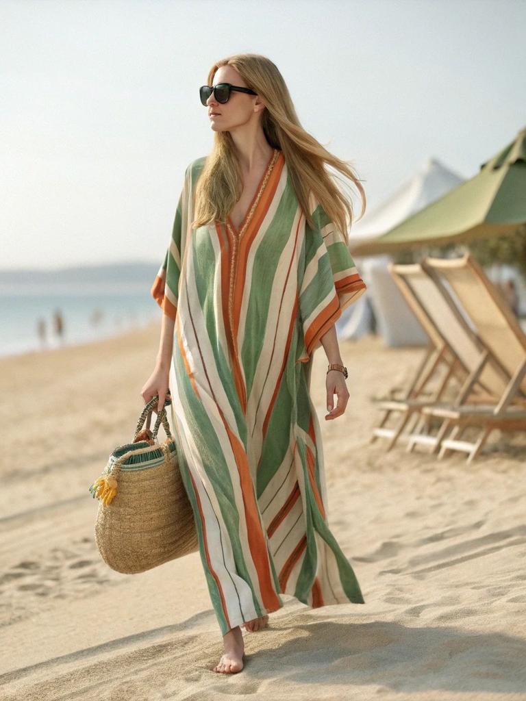 European and American new bohemian women's clothing seaside vacation printing loose kaftan robe dress
