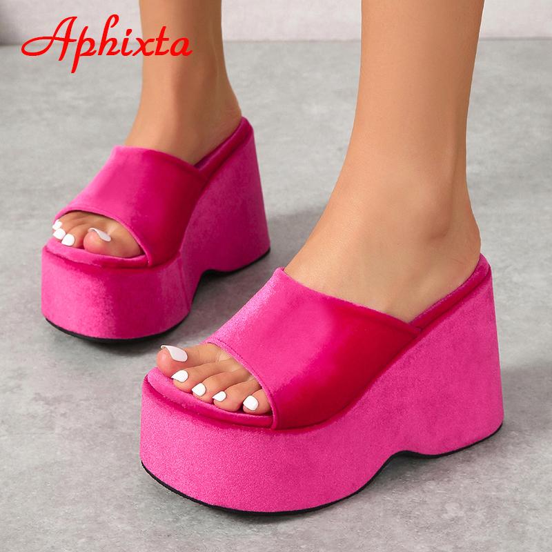 

Модные шлепанцы Aphixta 2025 летние на толстой подошве, платформа, женская обувь, розово-красный стрейчевый текстиль, шелковые шлепанцы, обувь на танкетке, пляжные шлепанцы 34 розы красного