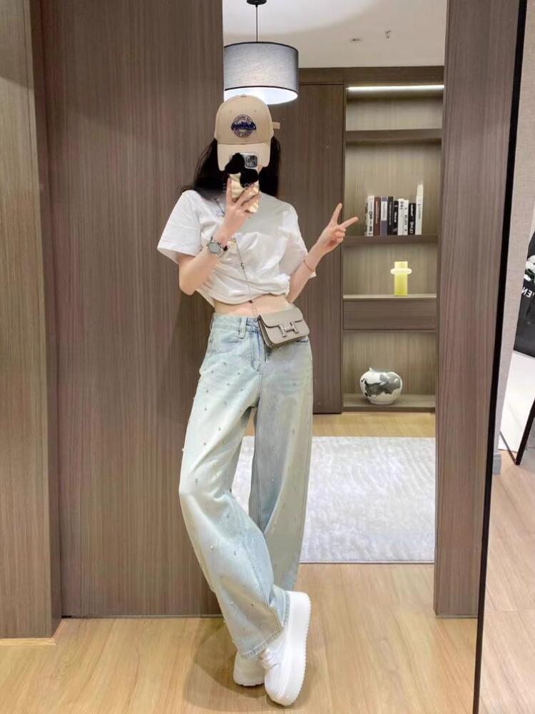 Y2k Harajuku Vintage Baggy Blue Jeans Women Retro Nail Drill Design High Waist Denim Trousers Korean Fashion 90s Aesthetic Wide Pants Streetwear