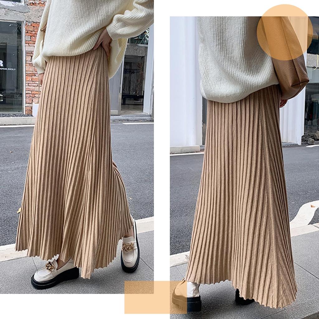 Tricot Long Élastique Plus Uni Bureau Hiver [7-livehouse] Jupe Femme, Plissée, Évasée, Douce, Taille, Tailles, Couleur, Élégante, Mignonne, Porter, Printemps,