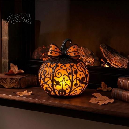 Jack-O-Lantern Nigh Light 1/2Pcs Halloween Bow Pumpkin Light Stained Glass Desk Lamp Table Centerpieces Spooky Decoration for Home Office Fall
