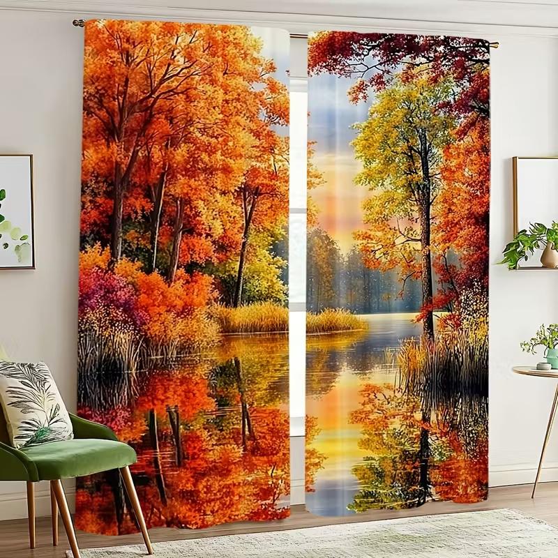 2 Pcs Autumn Scenery Print Curtains,suitable for Bedroom,living Room Kitchen Decoration,home Decoration,window Decoration