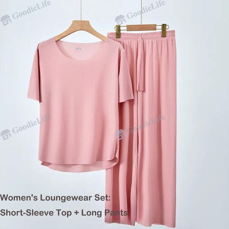 Couple Ice Silk Pajamas Set Summer Women Round Neck Short Sleeve Long Pants Men Shorts Seamless Homewear