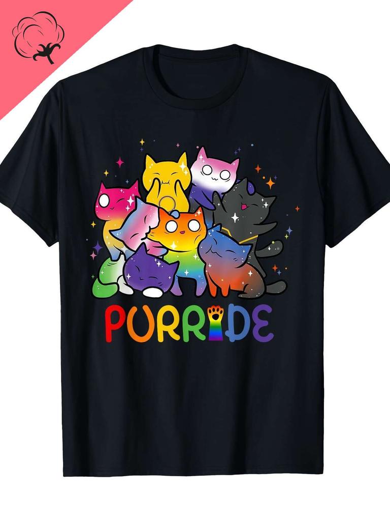 LGBTQ+Pride Rainbow Cat T-shirt 100% Cotton Casual Edition Suitable for Men and Women Animal Enthusiasts Pure Cotton T-shirt