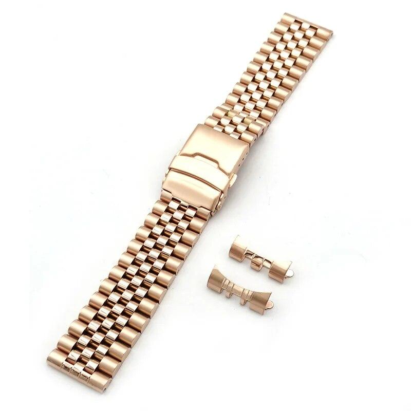304 Solid Stainless Steel Strap 20mm 22mm Folding Buckle Curved End Men Women 5 Pointer Gold Metal Watch Band Accessories